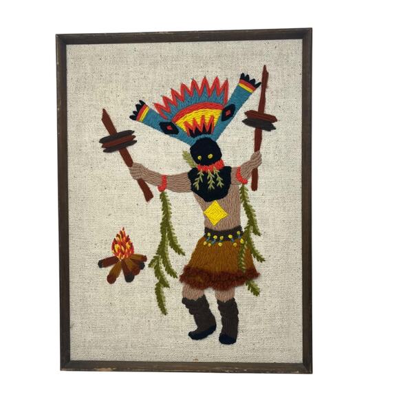 Vintage Framed Kachina Yarn Art Southwest Wall Decor Spirit Dancer Fire Scene